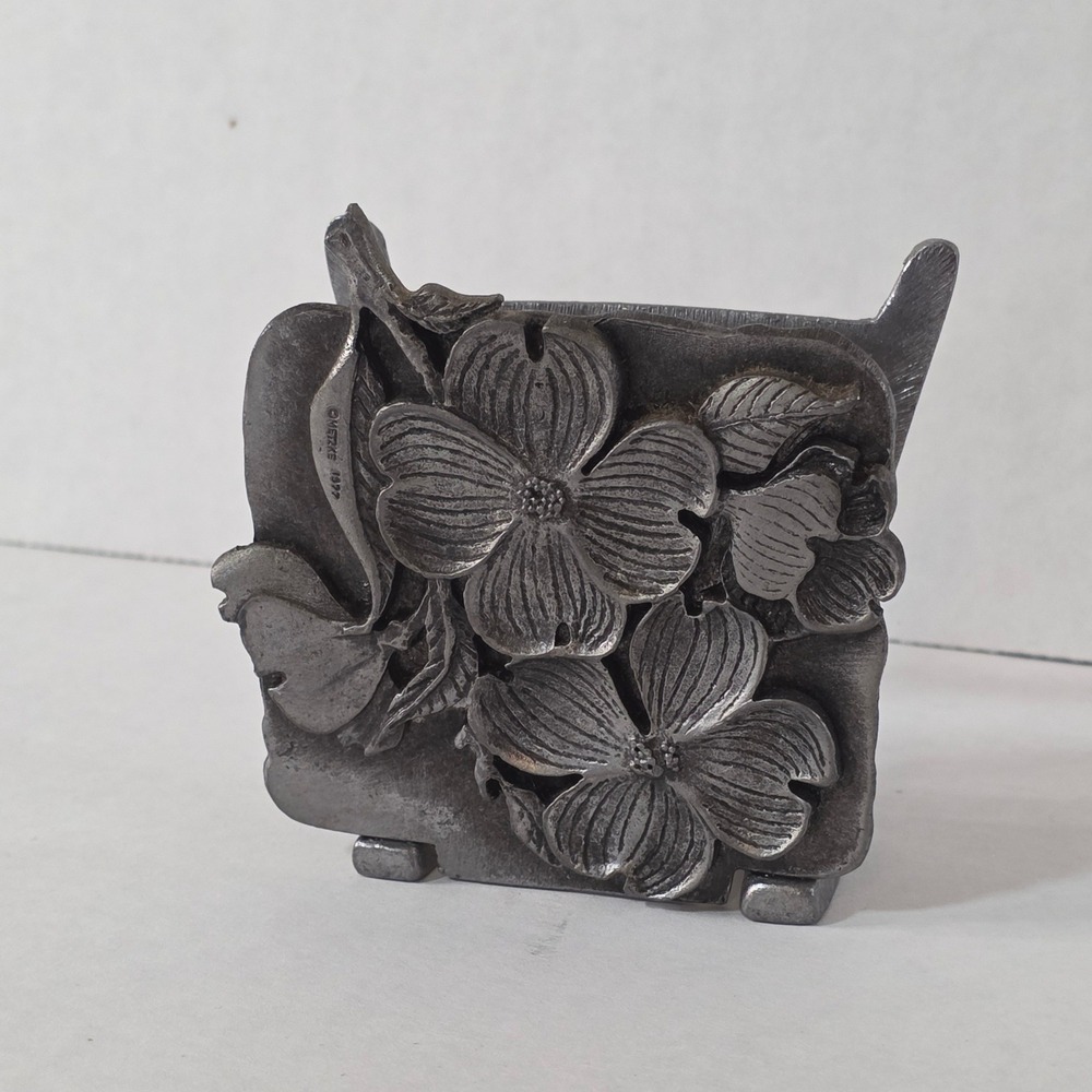 Vintage Metzke Pewter Dogwood Flower Napkin Holder Letter Rack 1977 Cast Metal